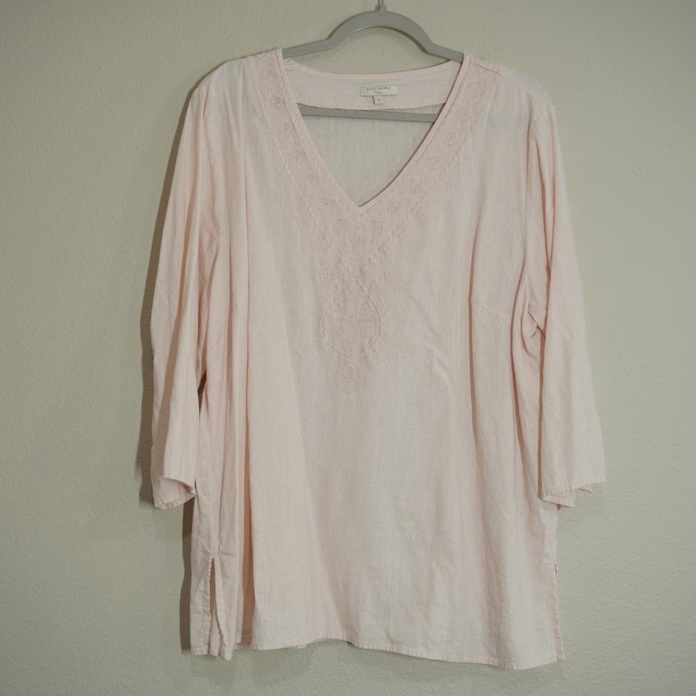 Saint Tropez West Women's Size 1X Tunic Top Pink Linen Blend Embroidered V-Neck